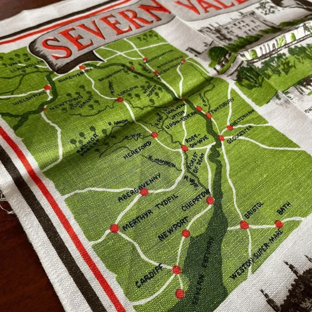 VTG Ulster Linen Tea Towel Severn Valley Map & Landmarks England 20x30